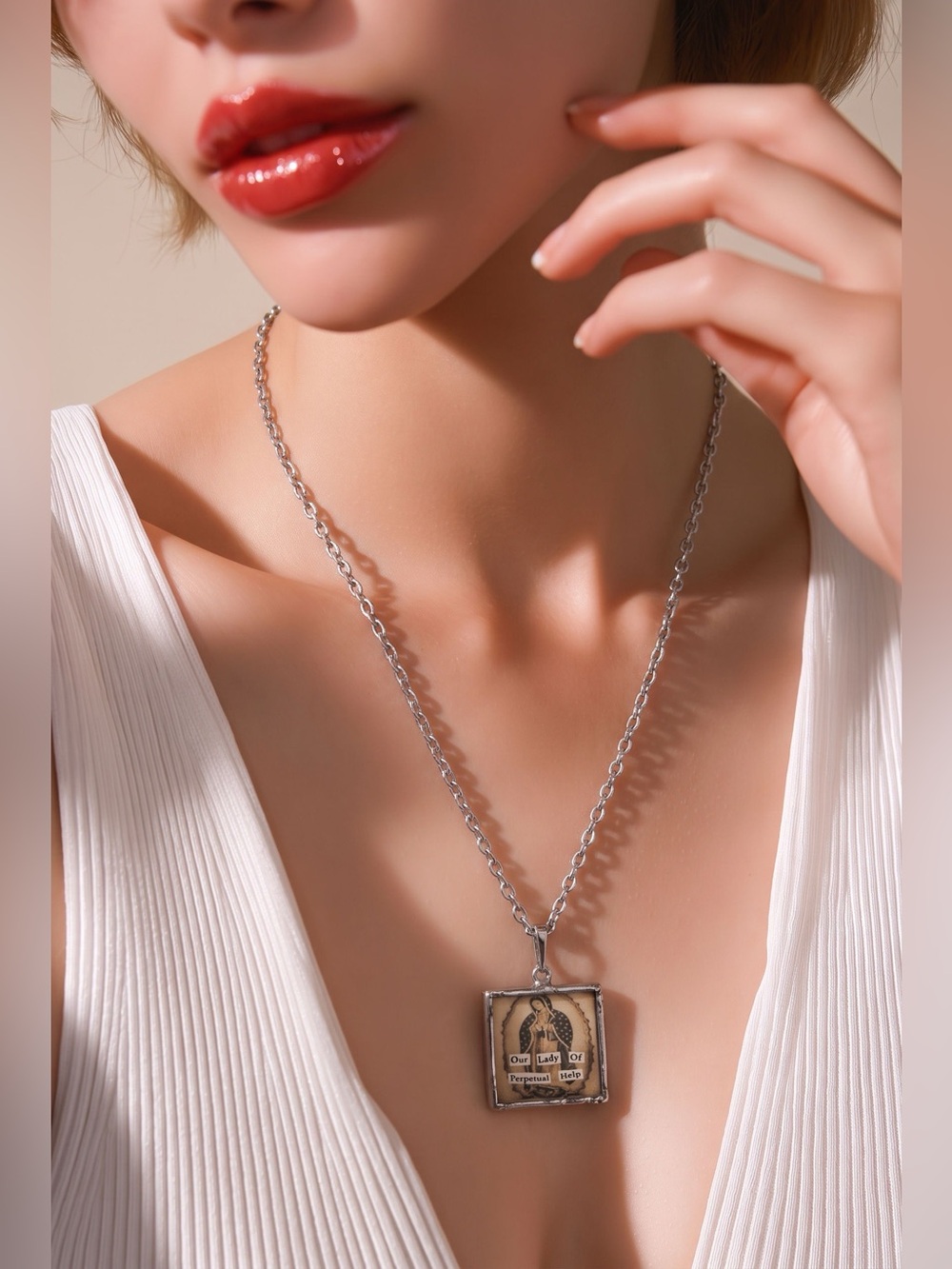 Our Lady Long Pendant Necklace Silver Tone Chain Humorous Religious Jewelry Gift
